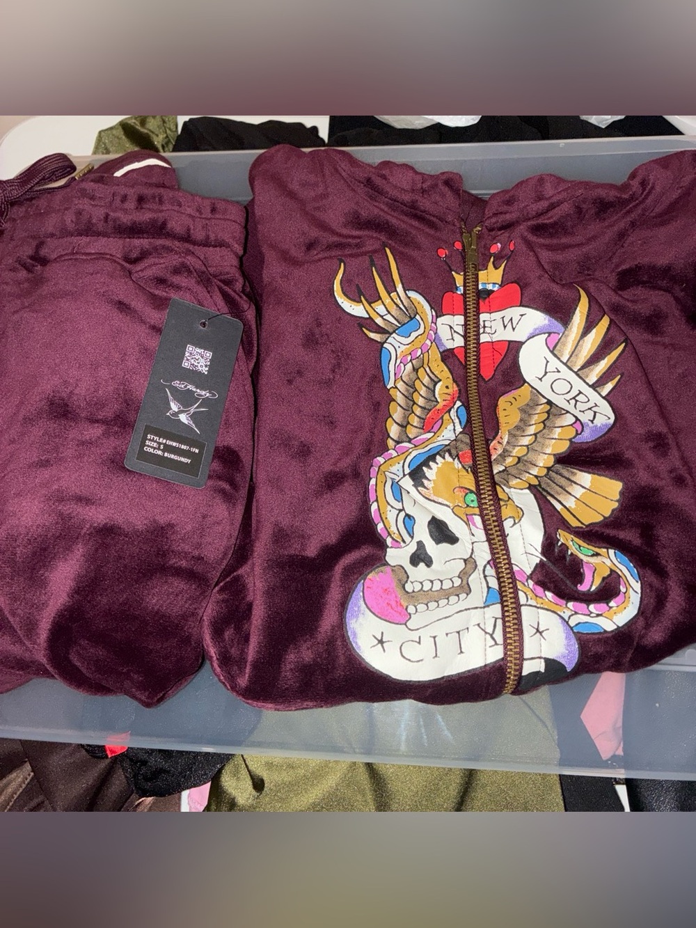 Ed hardy Velour Zip-Front Hoodie & Pant Set - Burgundy
